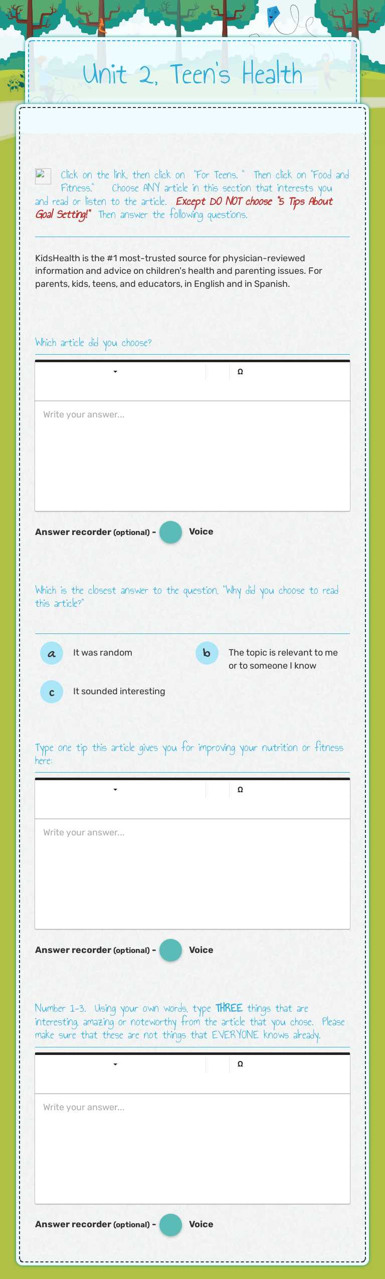 Unit 2, Teen's Health worksheet preview image