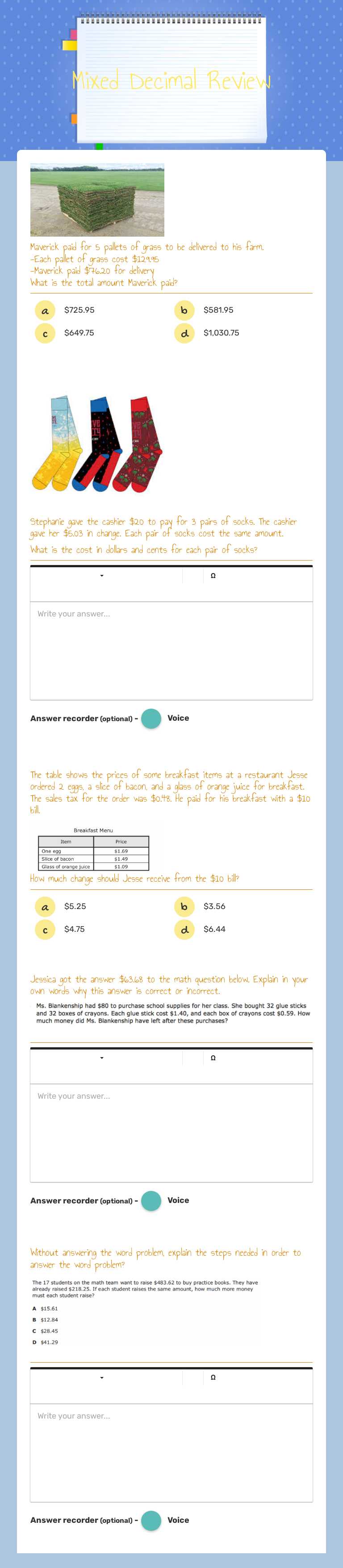 Mixed Decimal Review Grade 7 worksheet preview