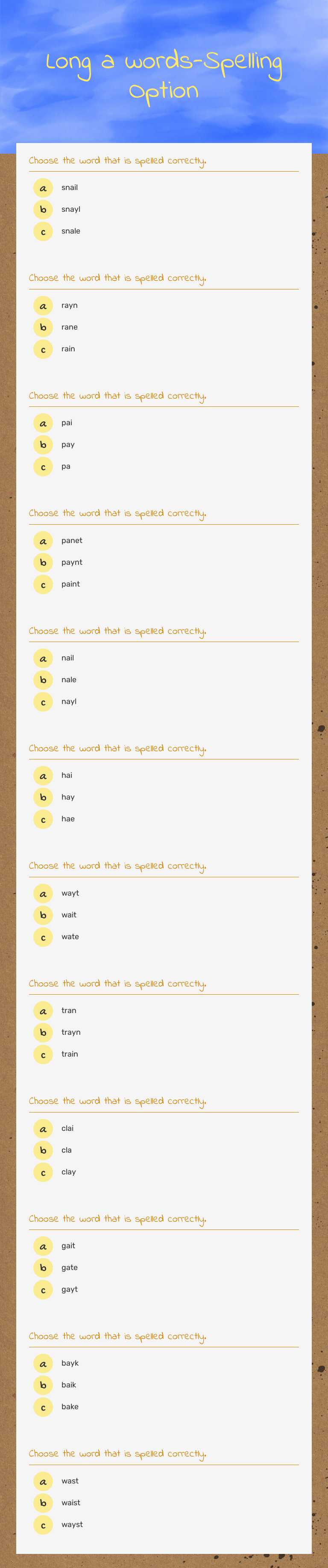 Long a words-Spelling Option worksheet preview image