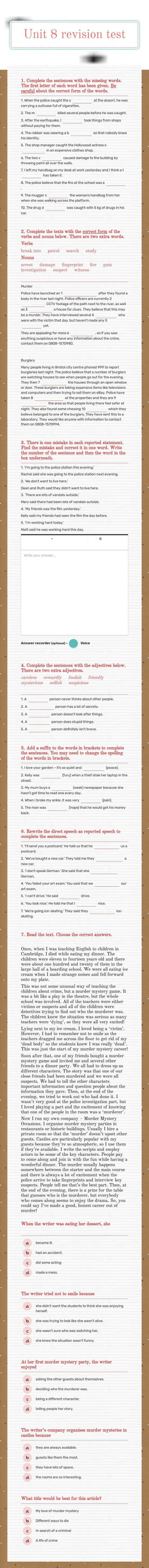 Unit 8 revision test worksheet preview image