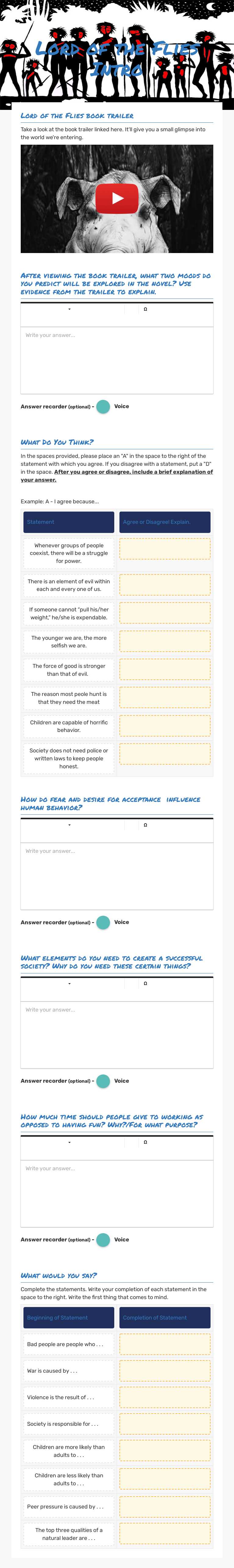 Lord of the Flies Intro worksheet preview image