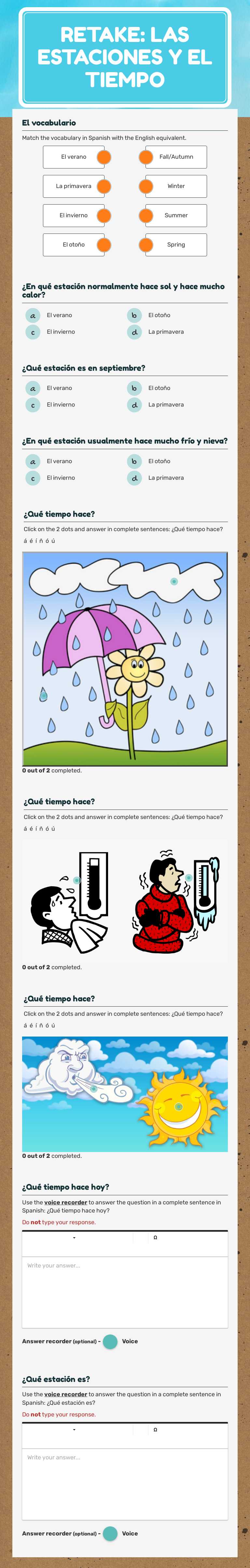 Retake: las estaciones y el tiempo Grade 7 worksheet preview
