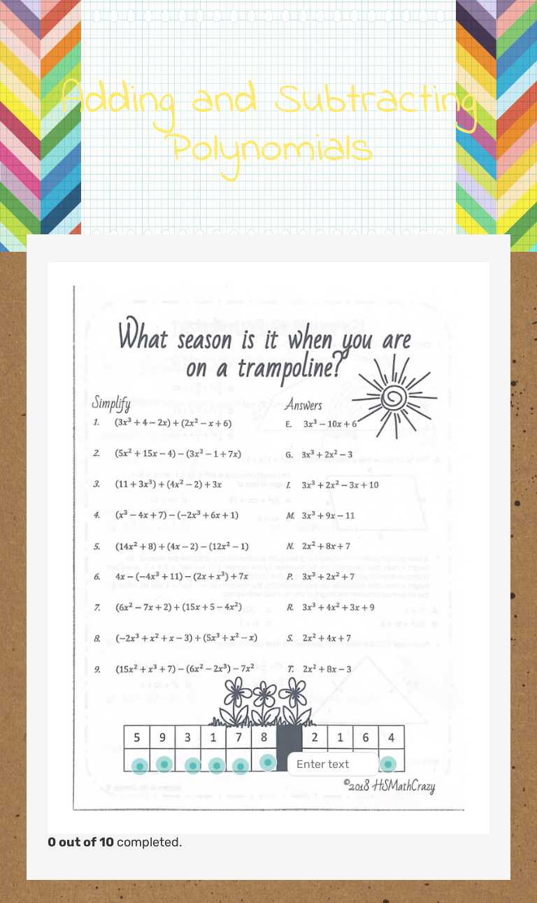 Adding and Subtracting Polynomials Grade 9 worksheet preview