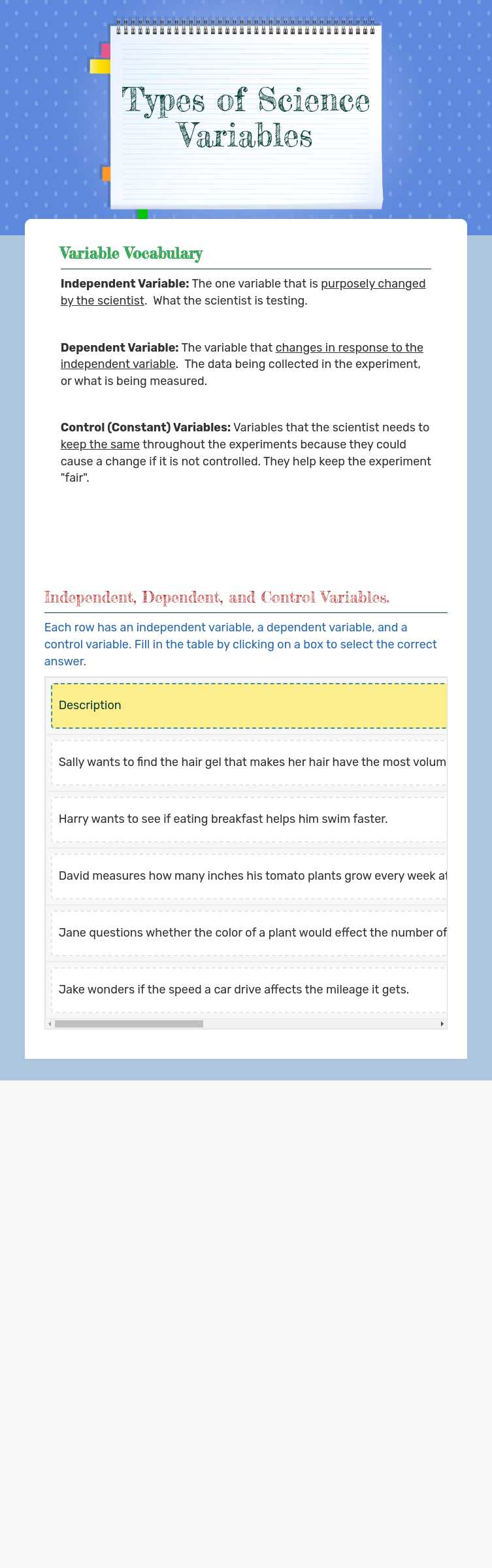 Types of Science 
Variables Grade 7 worksheet preview