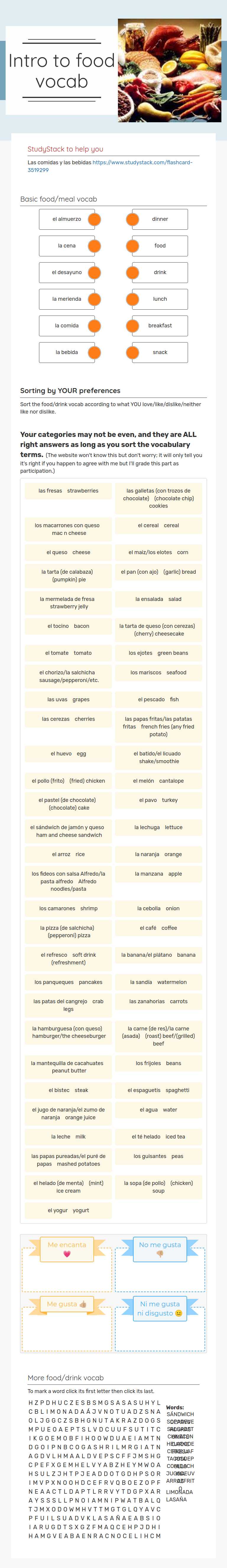 Intro to food vocab worksheet preview image