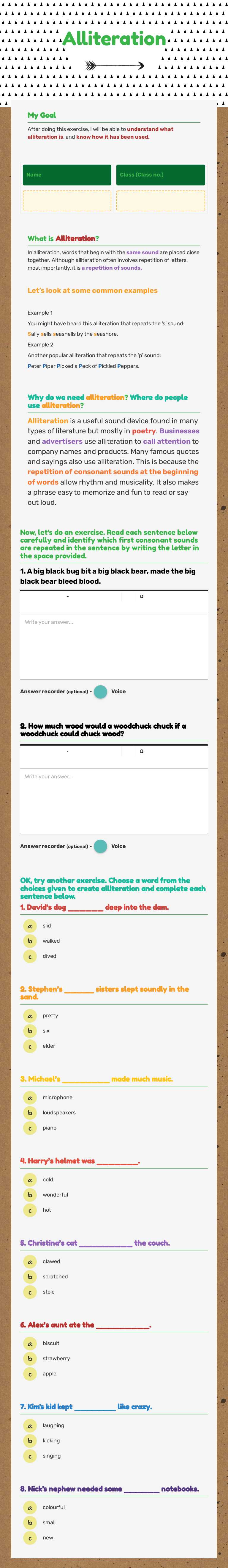 Alliteration worksheet preview image
