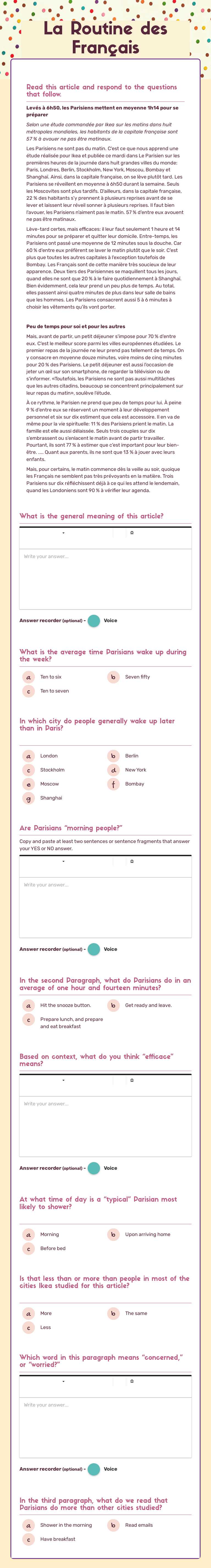 La Routine des Français worksheet preview image