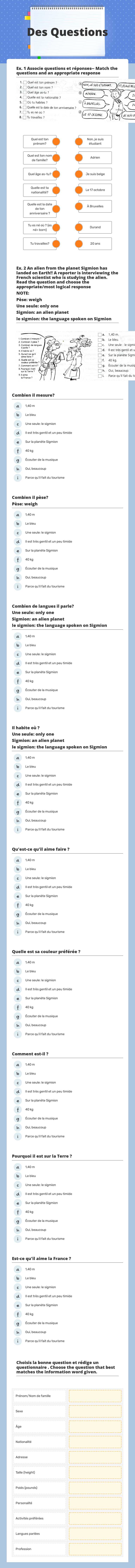 Des Questions Grade 8 worksheet preview