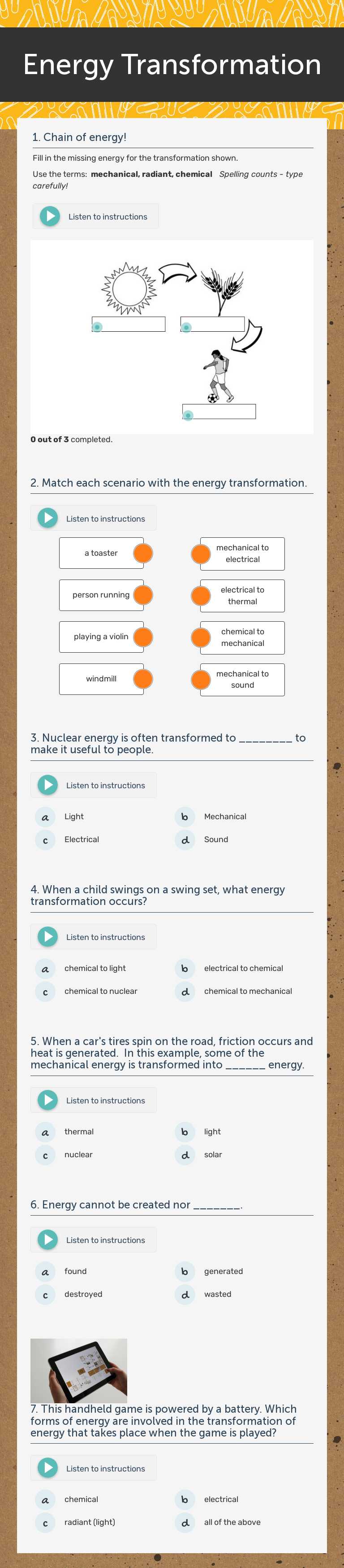 Energy Transformation Grade 6 worksheet preview