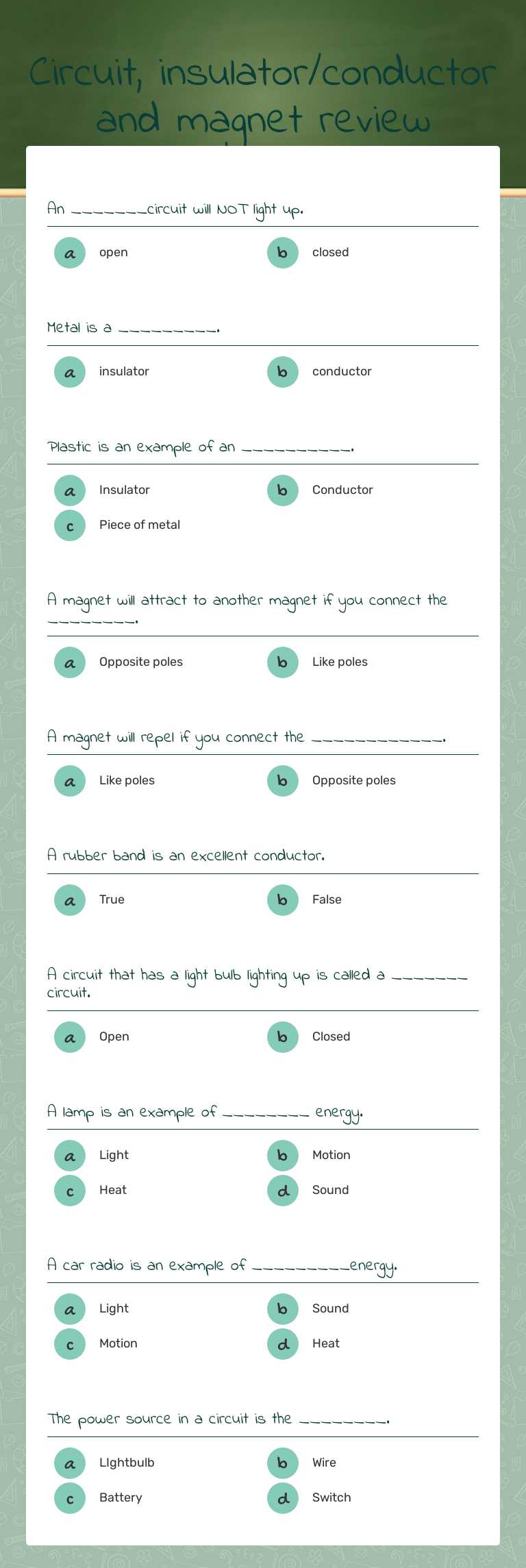 Circuit, insulator/conductor and magnet review Grade 3 worksheet preview