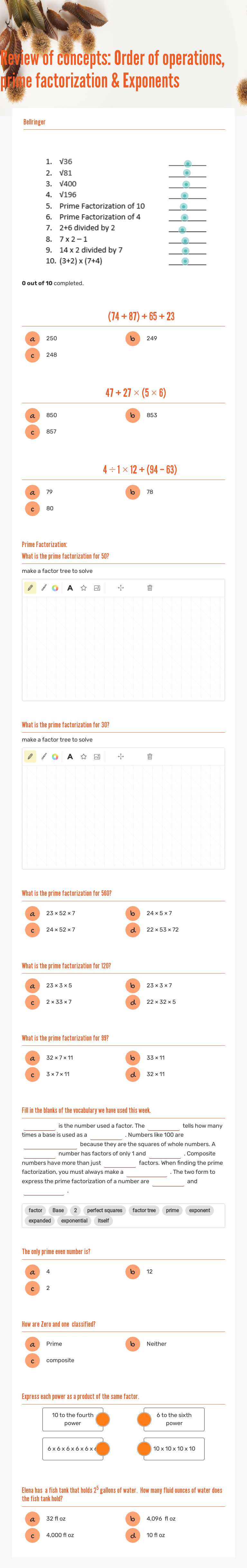 Review of concepts:  Order of operations, prime factorization &  Exponents worksheet preview image