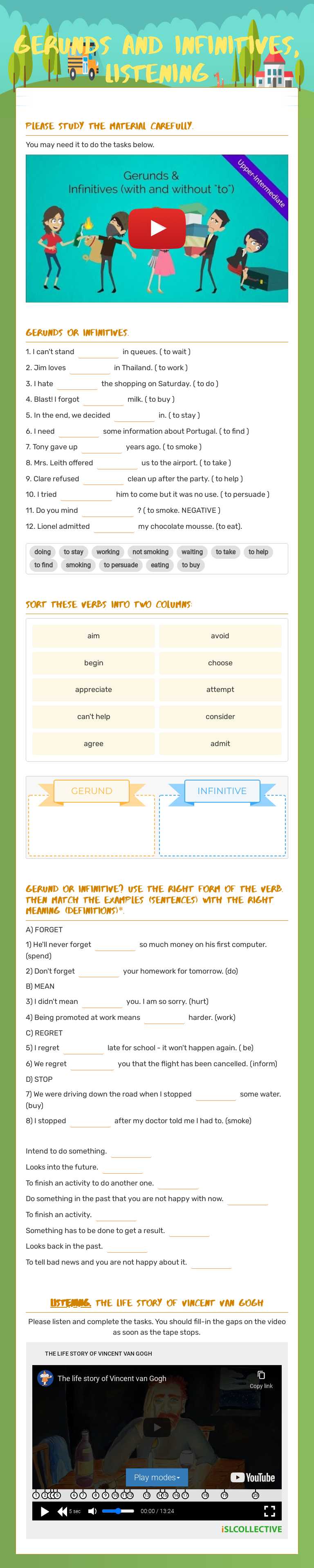 GERUNDS AND INFINITIVES, listening worksheet preview image
