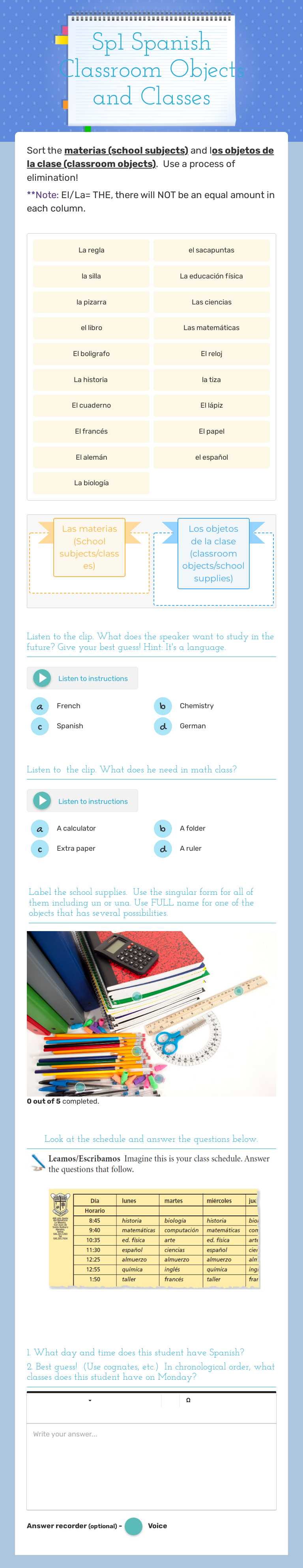 Sp1 Spanish Classroom Objects and Classes worksheet preview image
