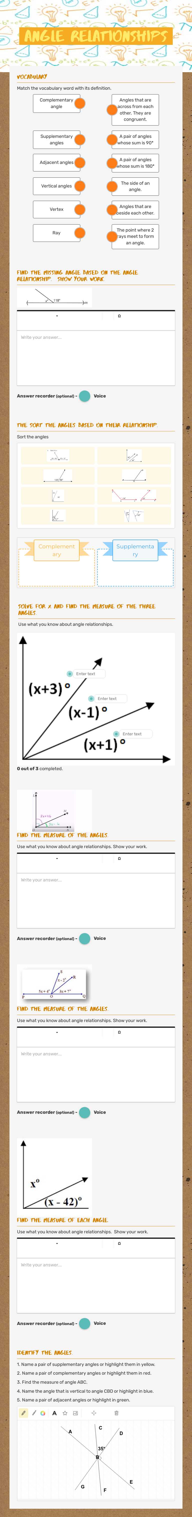 Angle relationships worksheet preview image