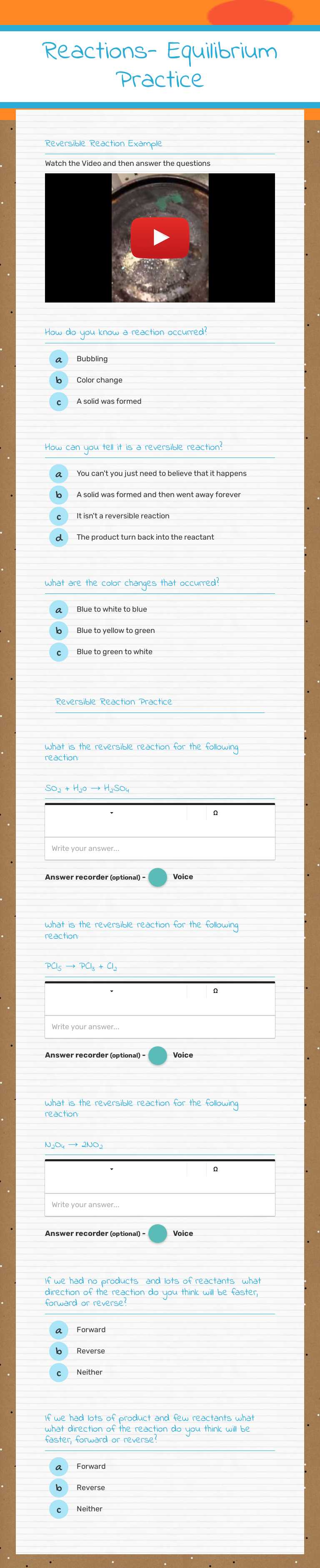 Reactions- Equilibrium Practice worksheet preview image