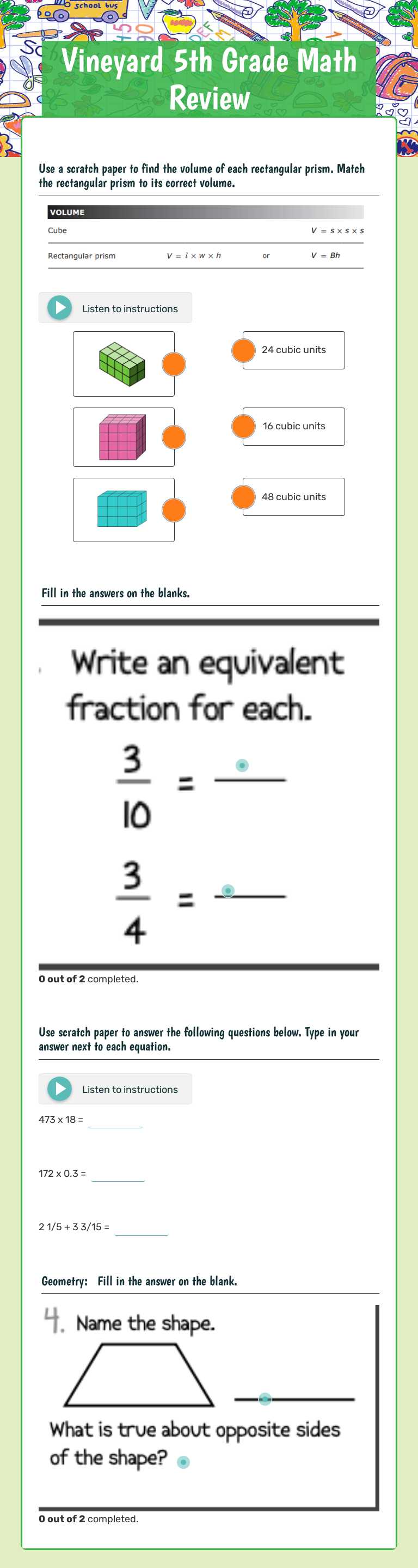 Vineyard 5th Grade Math Review worksheet preview image