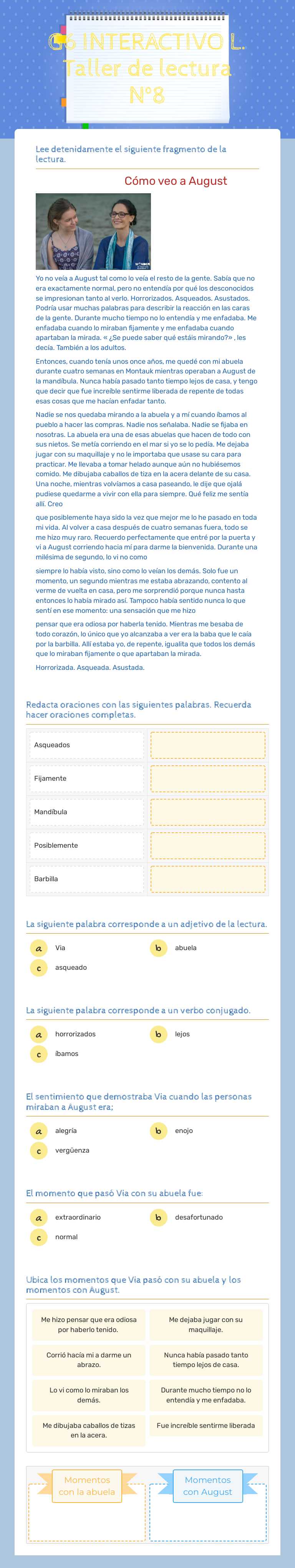 G6 INTERACTIVO L. Taller de lectura N°8 worksheet preview image