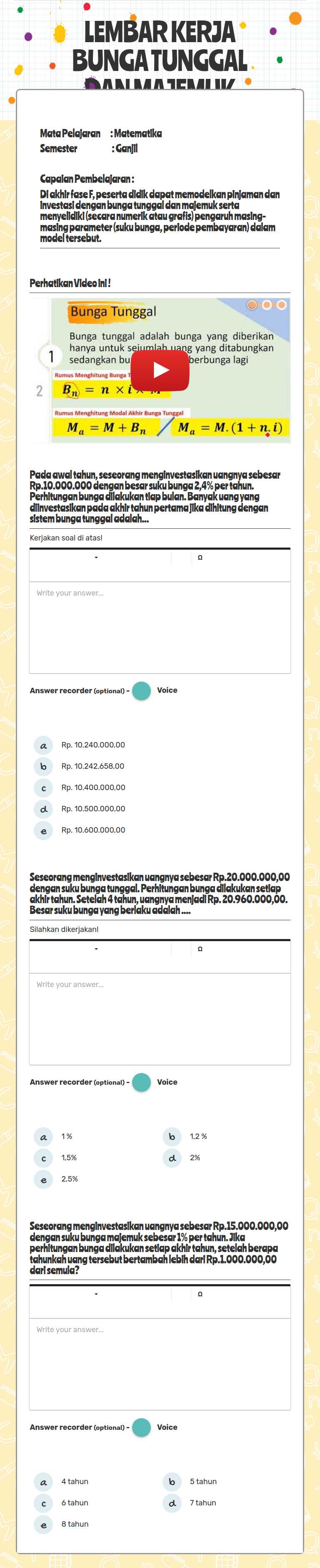 LEMBAR KERJA BUNGA TUNGGAL DAN MAJEMUK worksheet preview image