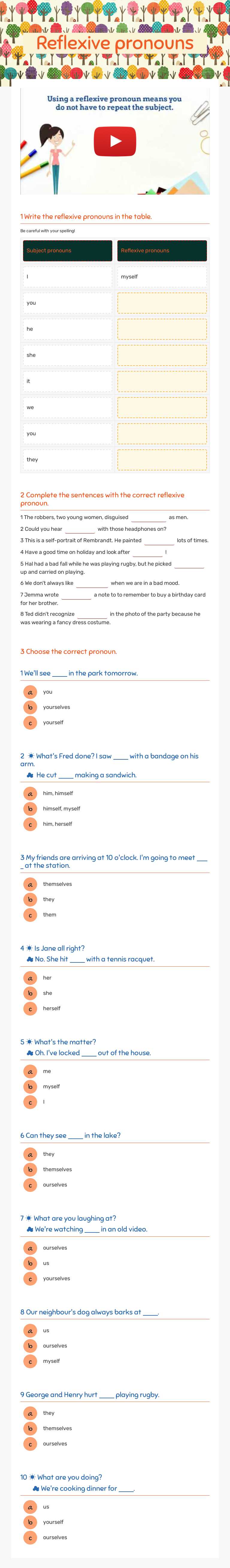 Reflexive pronouns worksheet preview image