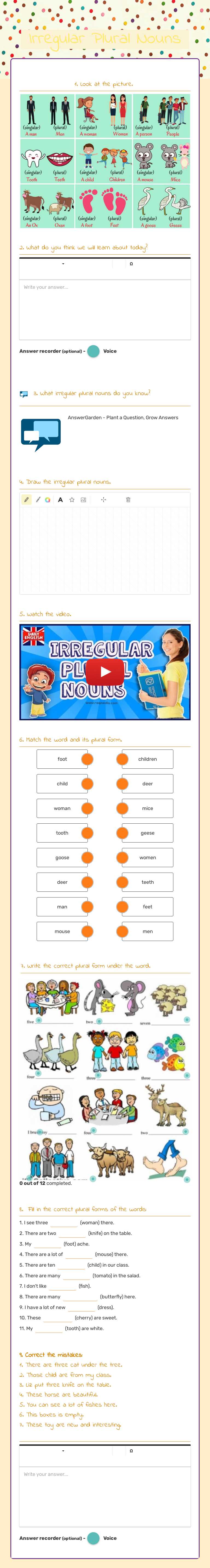 Irregular Plural Nouns worksheet preview image