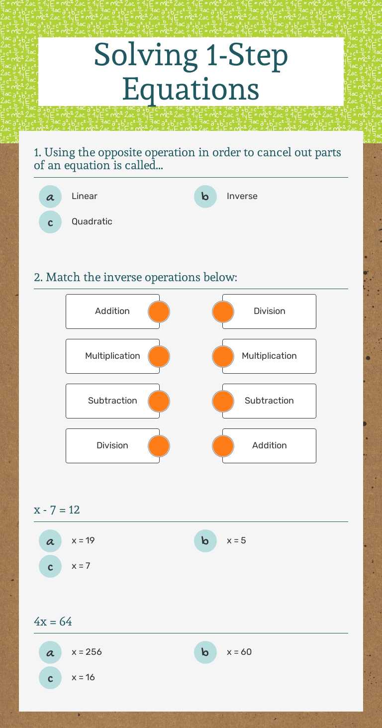 Solving 1-Step Equations worksheet preview image