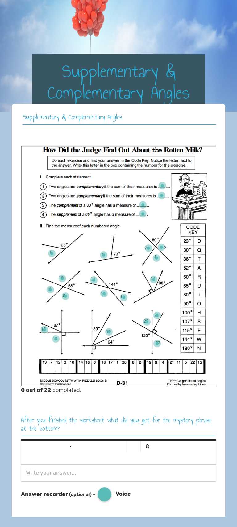 Supplementary & Complementary Angles Grade 7 worksheet preview