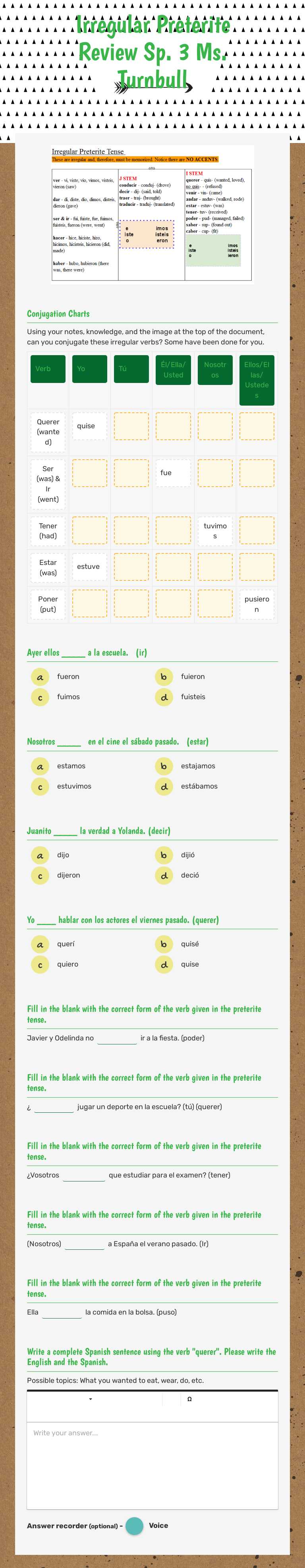 Irregular Preterite Review
Sp. 3
Ms. Turnbull Grade 10 worksheet preview