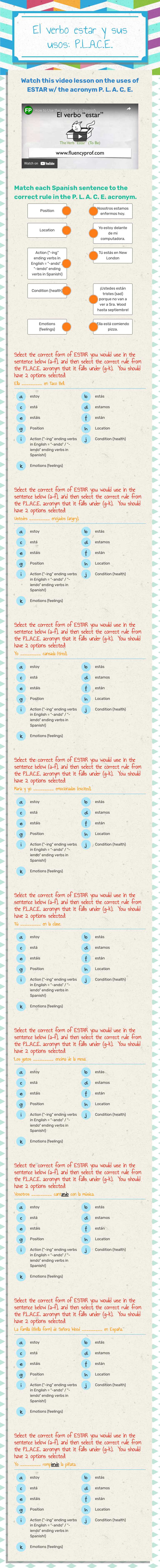 El verbo estar y sus usos: P.L.A.C.E. Grade 9 worksheet preview