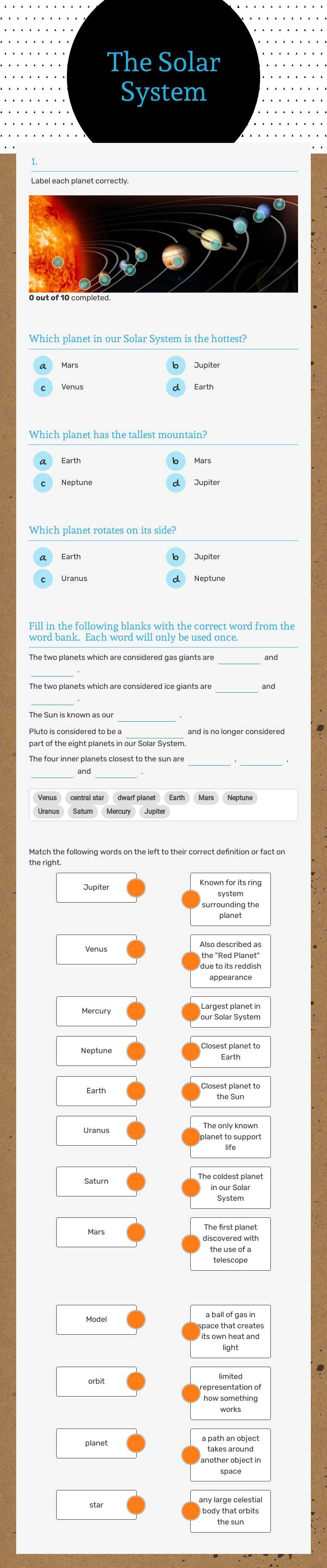 The Solar System Grade 3 worksheet preview
