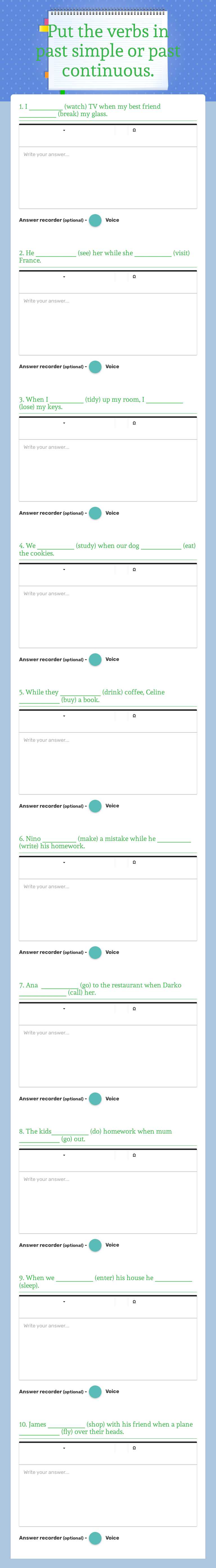 Put the verbs in past simple or past continuous. worksheet preview image