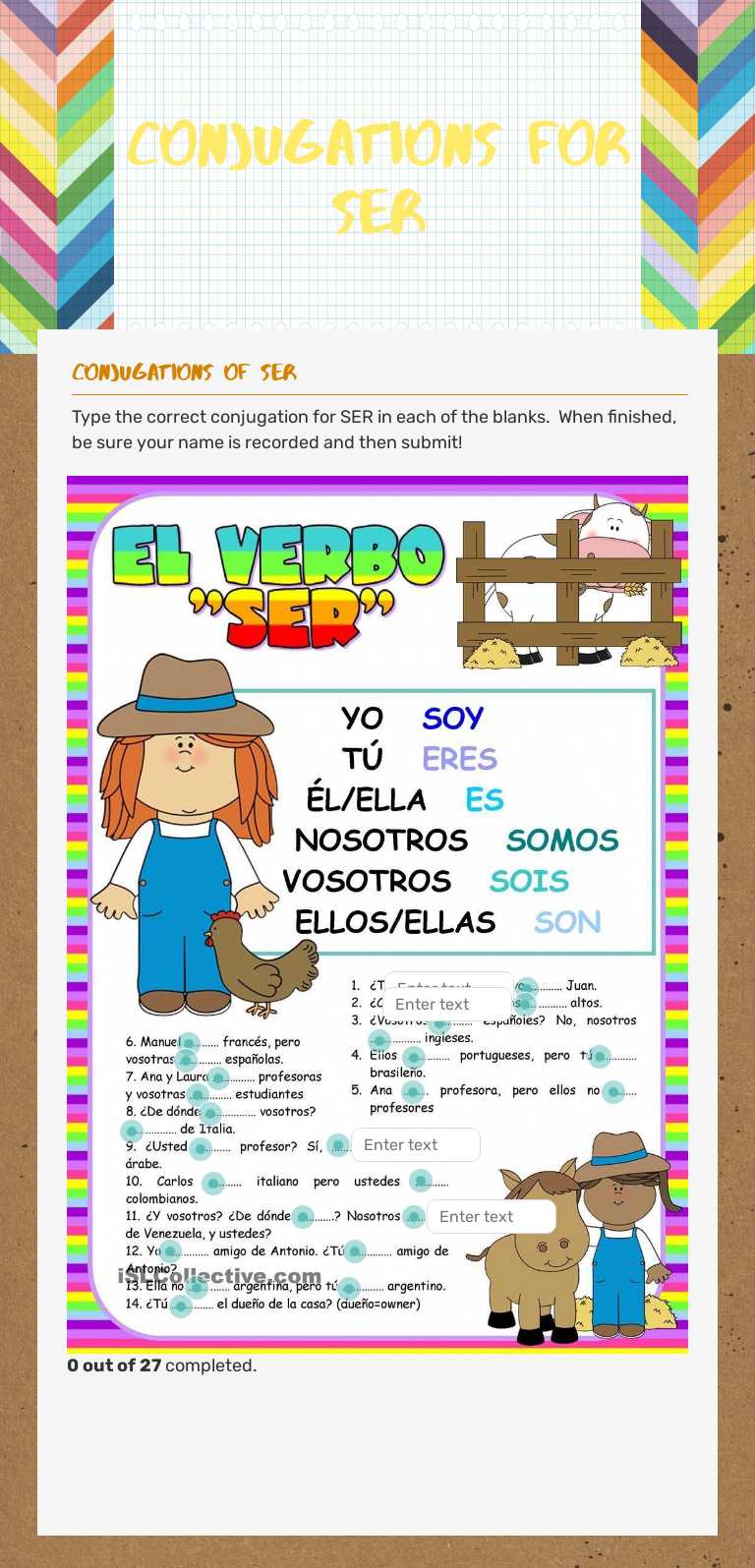 Conjugations for SER Grade 9 worksheet preview