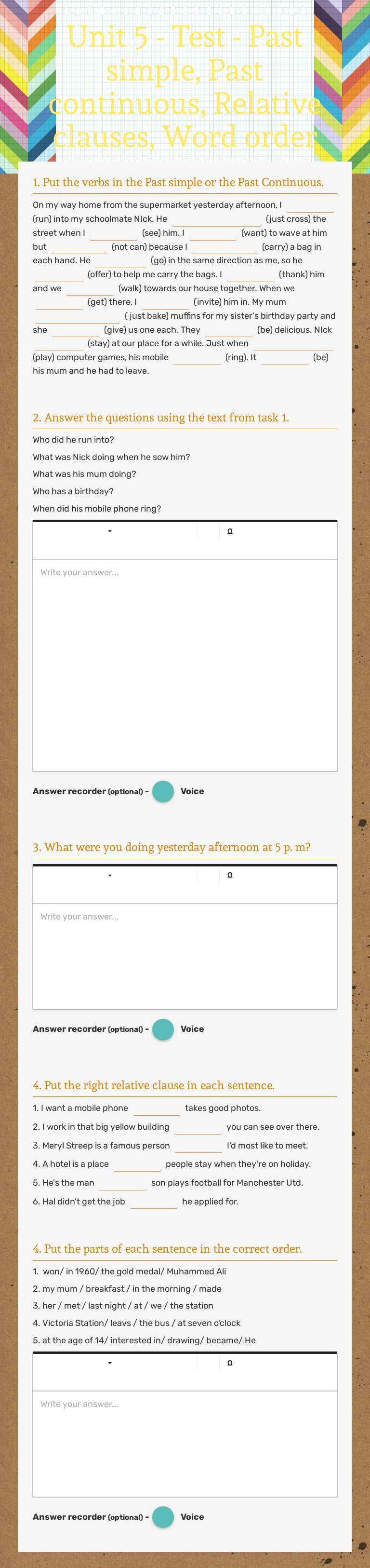 Unit 5 - Test - Past simple, Past continuous, Relative clauses, Word order worksheet preview image