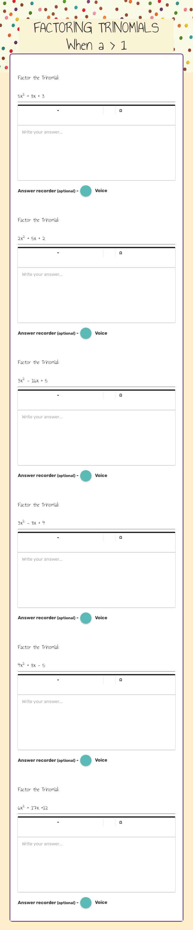 FACTORING TRINOMIALS When a > 1 worksheet preview image