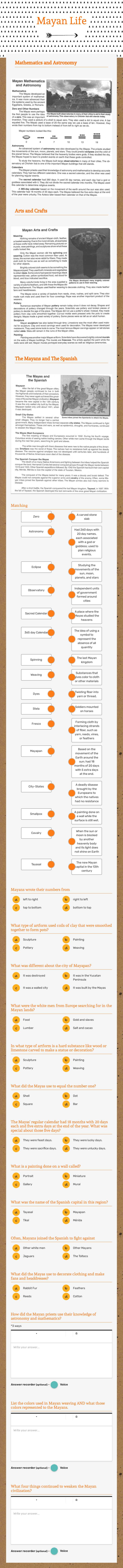 Mayan Life Grade 6 worksheet preview