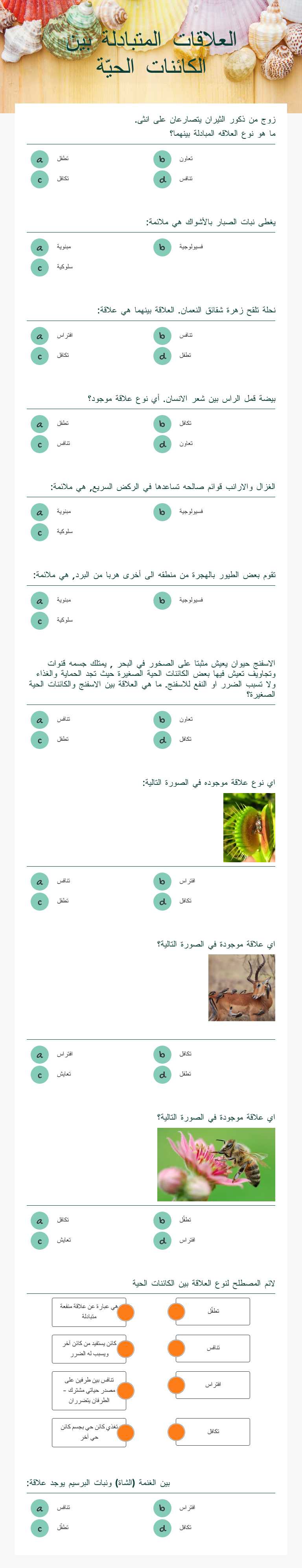 العلاقات المتبادلة بين الكائنات الحيّة worksheet preview image