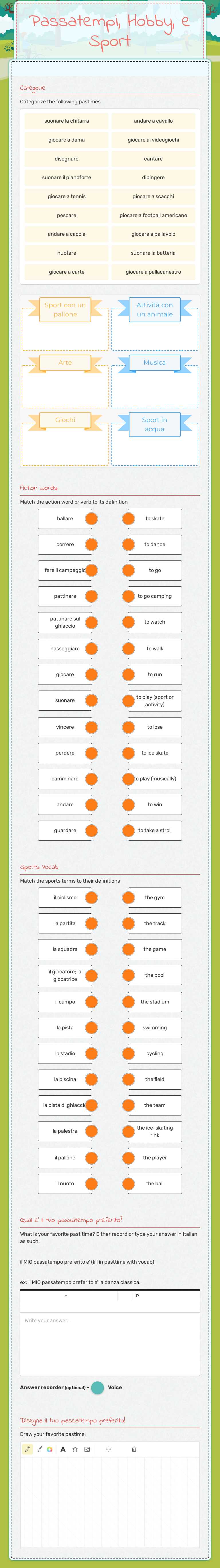 Passatempi, Hobby, e Sport worksheet preview image