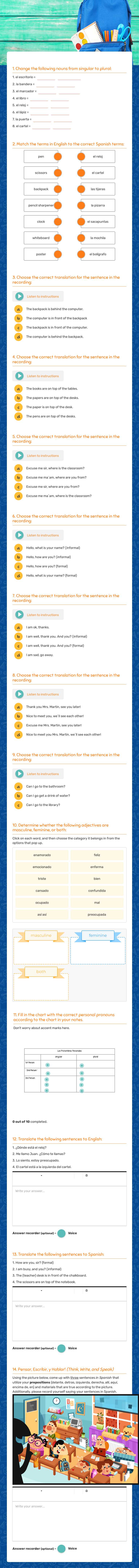 Unidad 0 - Saludos, Materiales, y los pronombres worksheet preview image