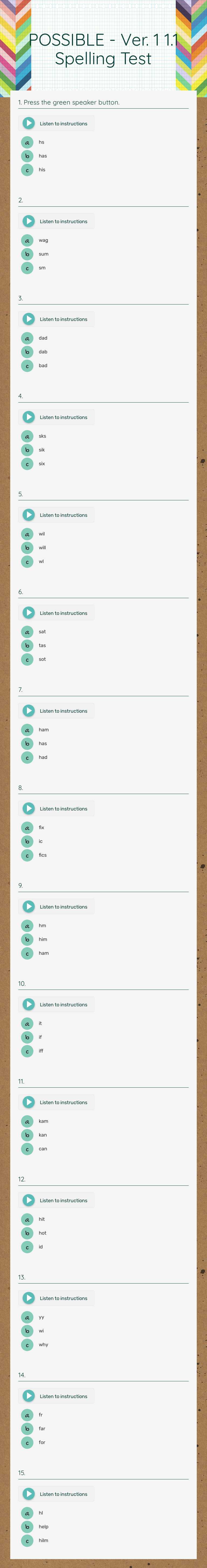 POSSIBLE - Ver. 1 1.1 Spelling Test Grade 2 worksheet preview
