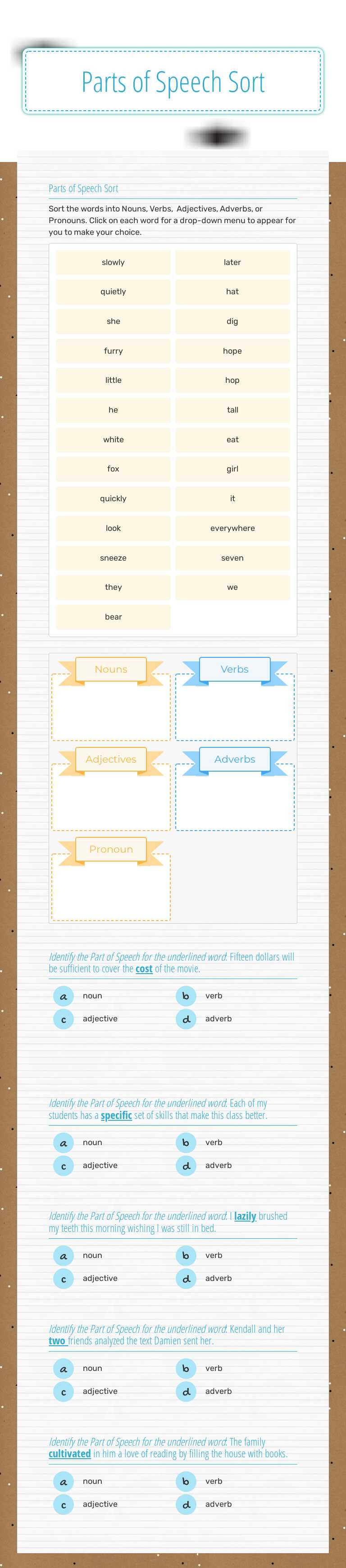 Parts of Speech Sort Grade 5 worksheet preview