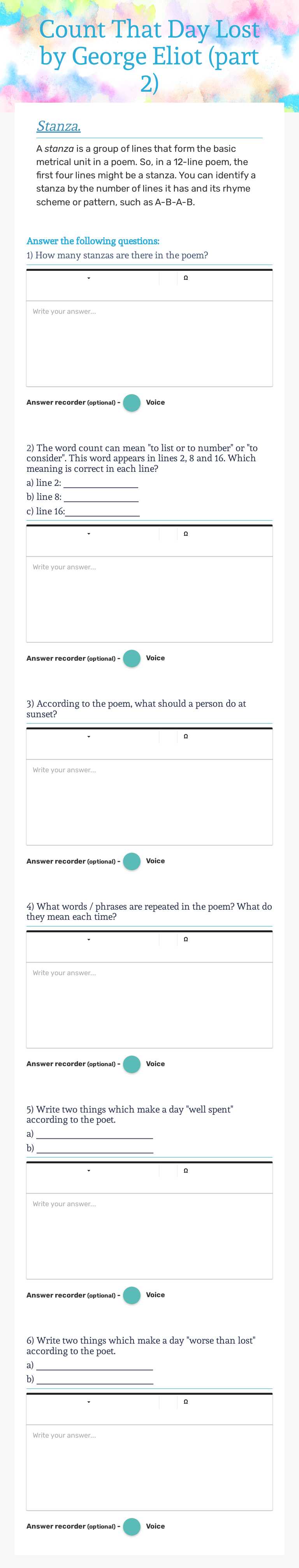 Count That Day Lost by George Eliot (part 2) worksheet preview image