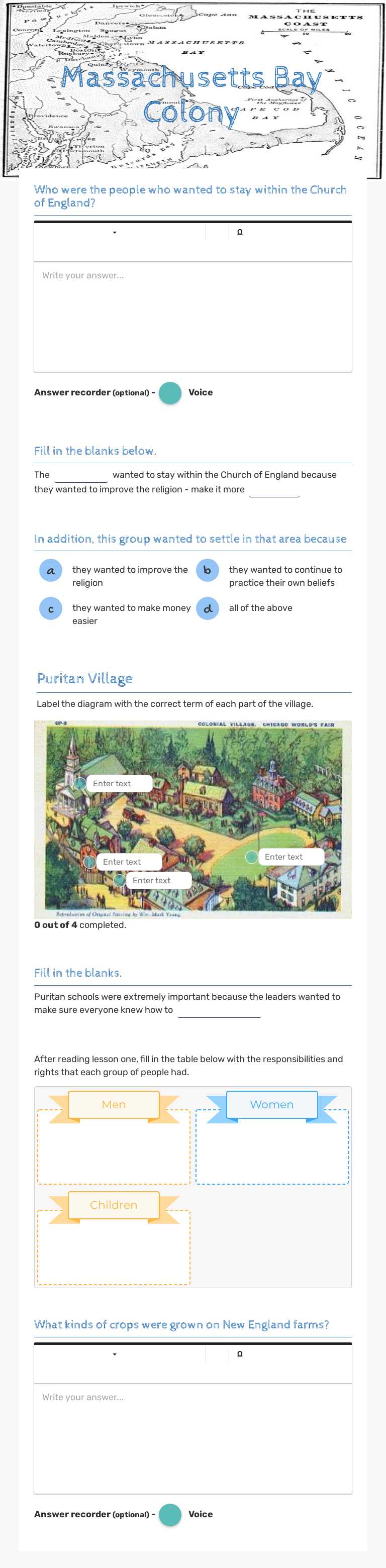 Massachusetts Bay Colony worksheet preview image