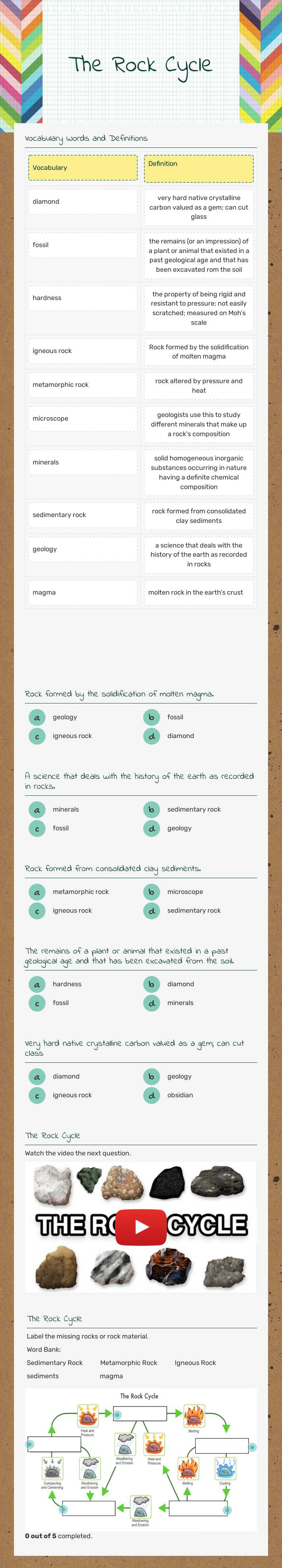 The Rock Cycle Grade 7 worksheet preview