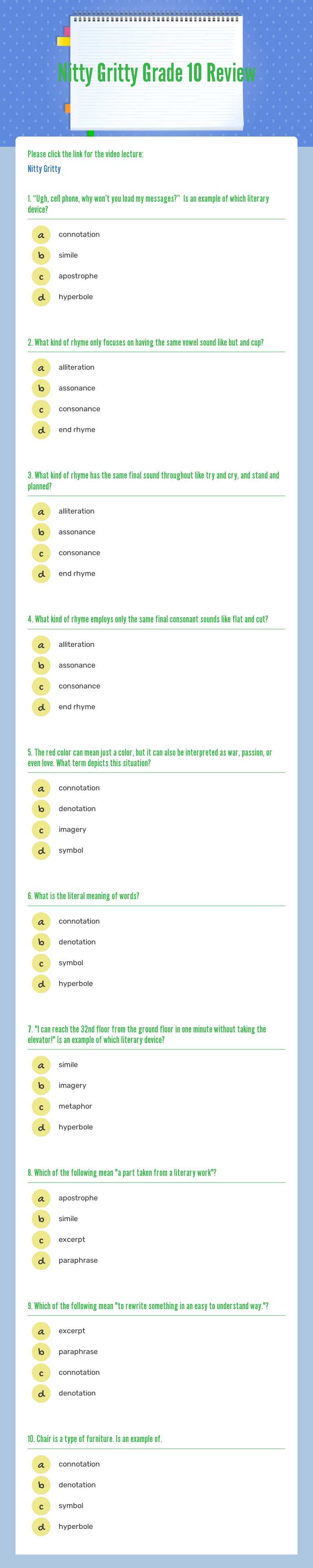 Nitty Gritty Grade 10 Review worksheet preview image