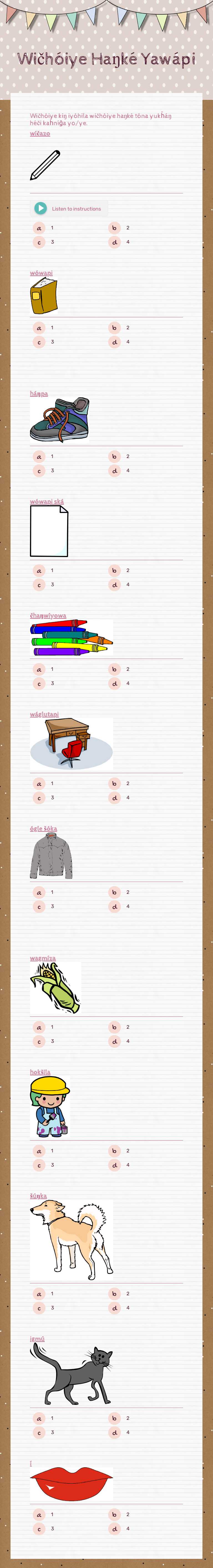 Wičhóiye Haŋké Yawápi Grade 1 worksheet preview