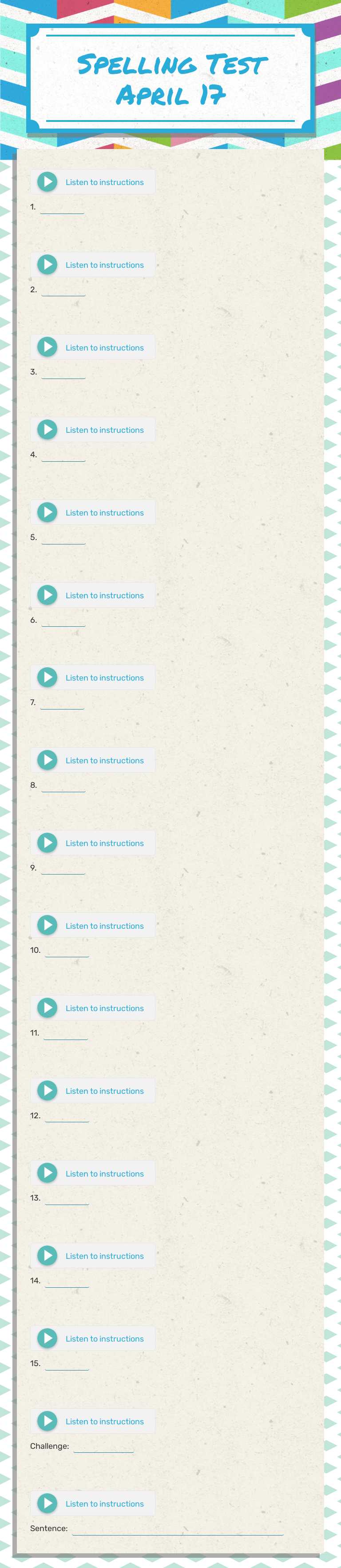 Spelling Test April 17 Grade 3 worksheet preview