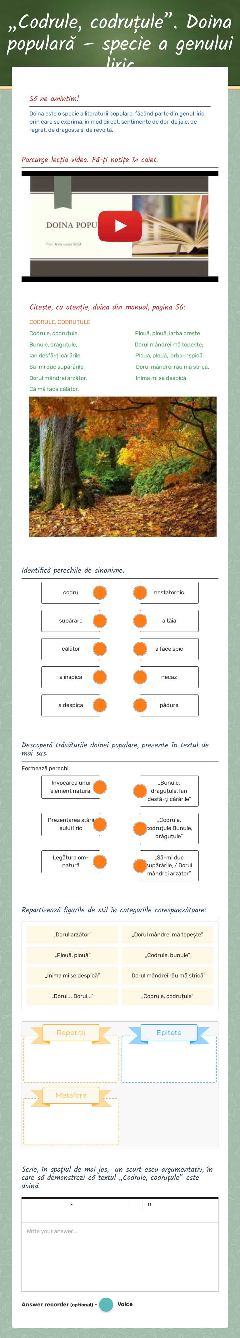 „Codrule, codruțule”. Doina populară – specie a genului liric Grade 8 worksheet preview
