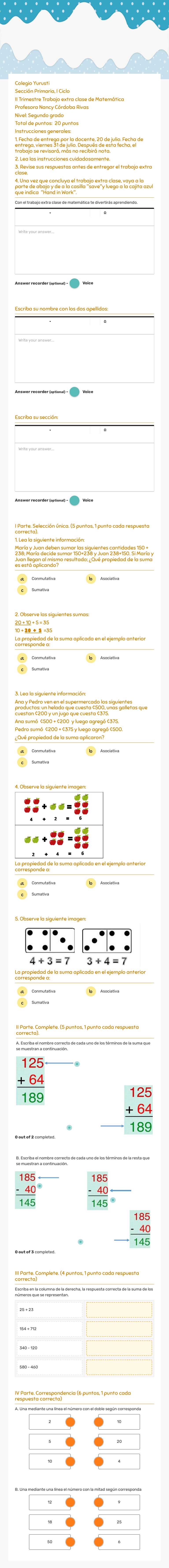 Trabajo extra clase de matemática II Trimestre II grado Grade 2 worksheet preview