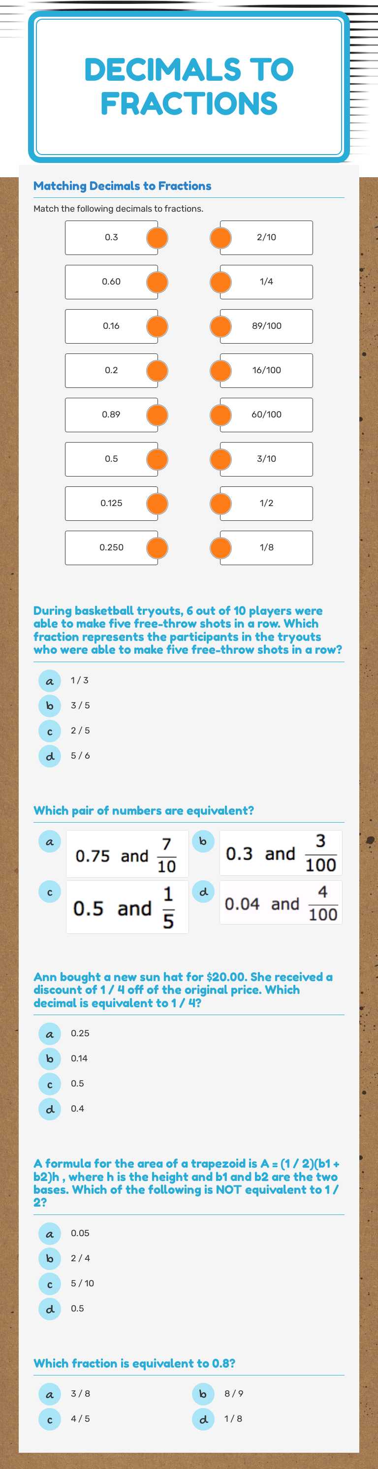 Decimals to Fractions worksheet preview image