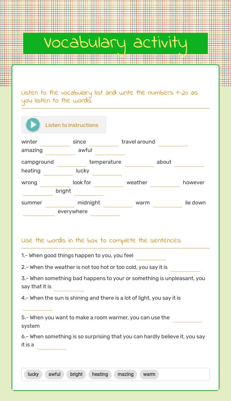 Vocabulary activity worksheet preview image