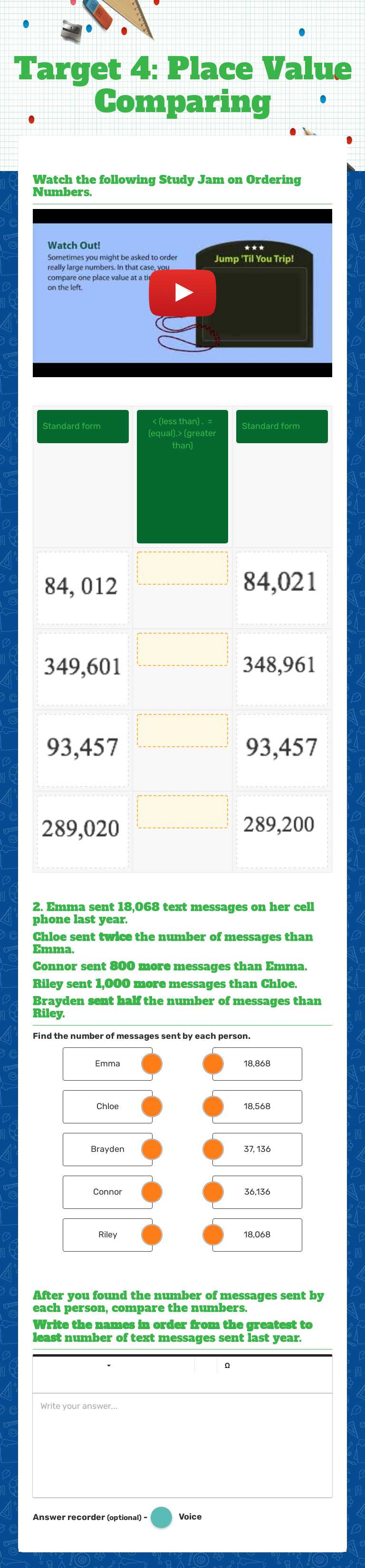 Target 4:  Place Value Comparing worksheet preview image
